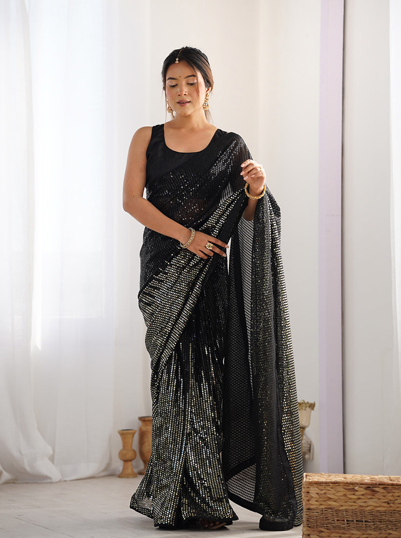Black Georgette Embroidered Sequins Work Saree
