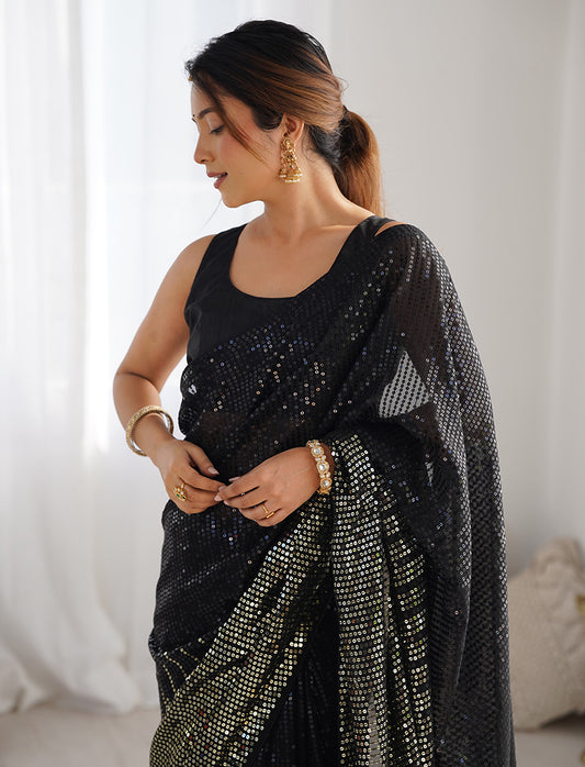 Black Georgette Embroidered Sequins Work Saree