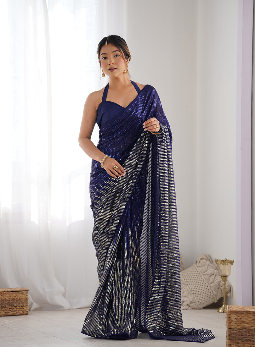 Blue Georgette Embroidered Sequins Work Saree