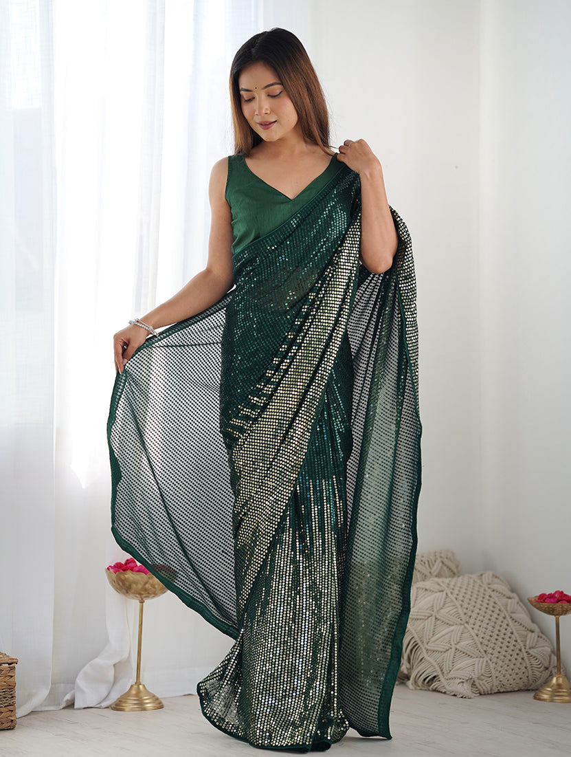 Bottle Green Georgette Embroidered Sequins Work Saree