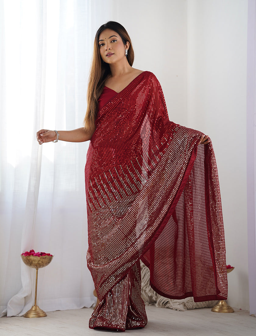 Red Georgette Embroidered Sequins Work Saree
