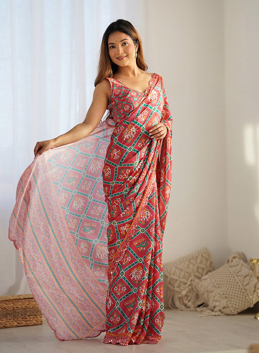 Red Chinon Digital Print Mirror Cut Work Saree