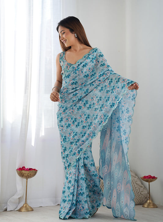 Light Blue Chinon Digital Print Mirror Cut Work Saree