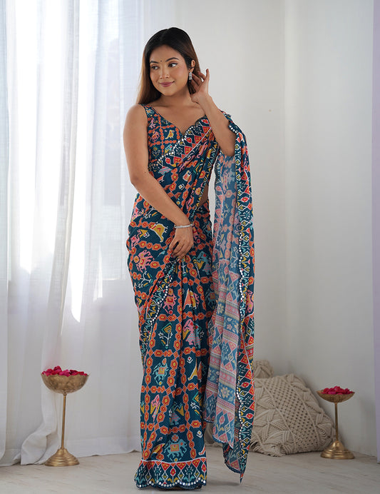 Navy Blue Chinon Digital Print Mirror Cut Work Saree