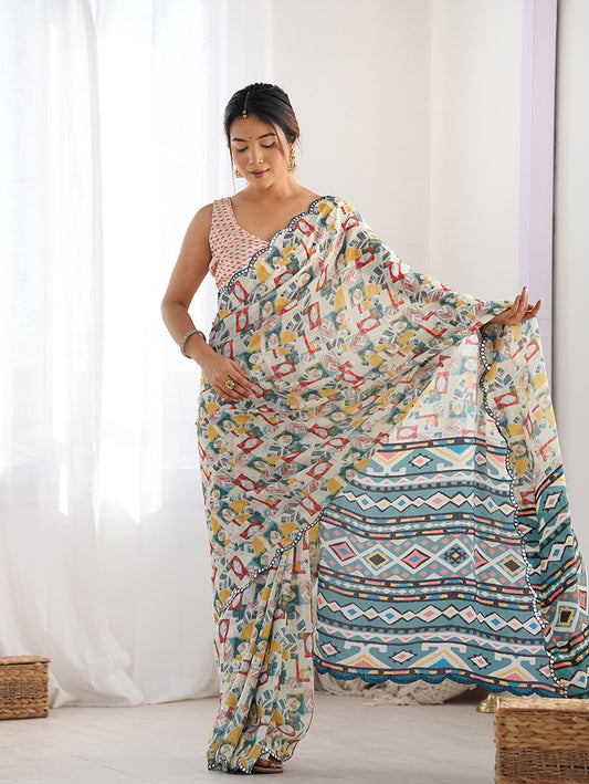 Off White Chinon Digital Print Mirror Cut Work Saree