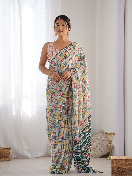 Off White Chinon Digital Print Mirror Cut Work Saree