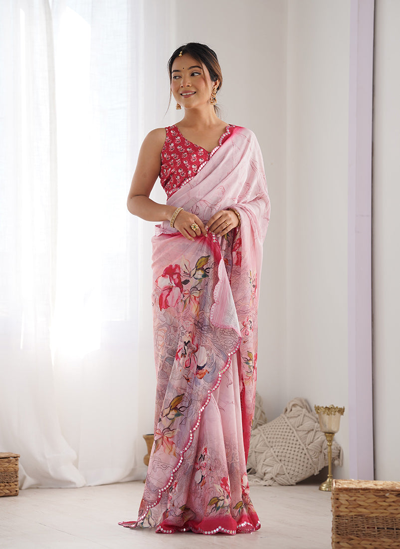 Light Pink Chinon Digital Print Mirror Cut Work Saree