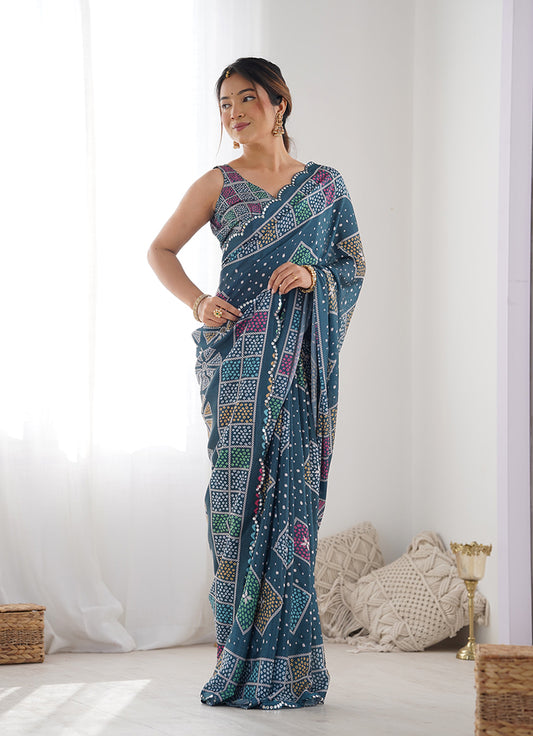 Teal Blue Chinon Digital Print Mirror Cut Work Saree