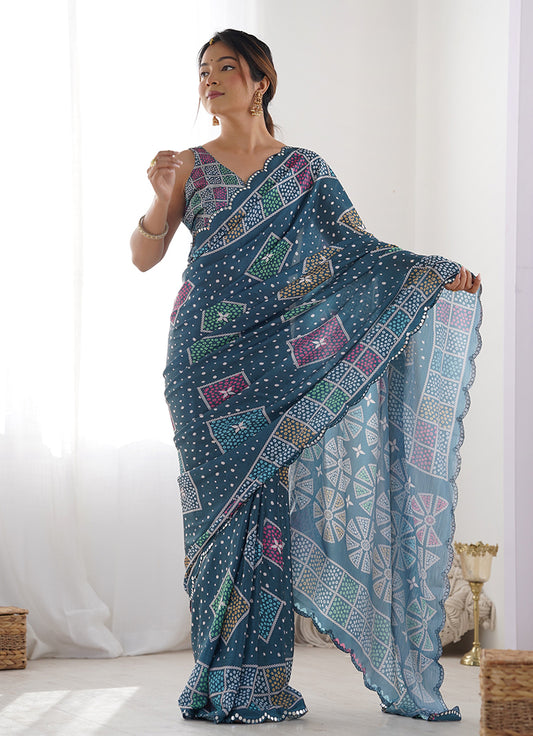 Teal Blue Chinon Digital Print Mirror Cut Work Saree