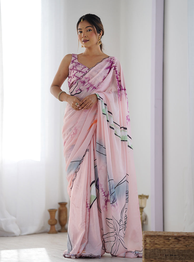 Pink Chinon Digital Print Mirror Cut Work Saree
