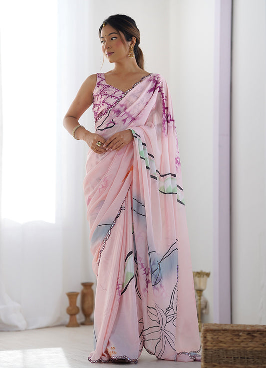 Pink Chinon Digital Print Mirror Cut Work Saree