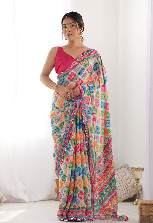 Multi Colour Chinon Digital Print Mirror Cut Work Saree