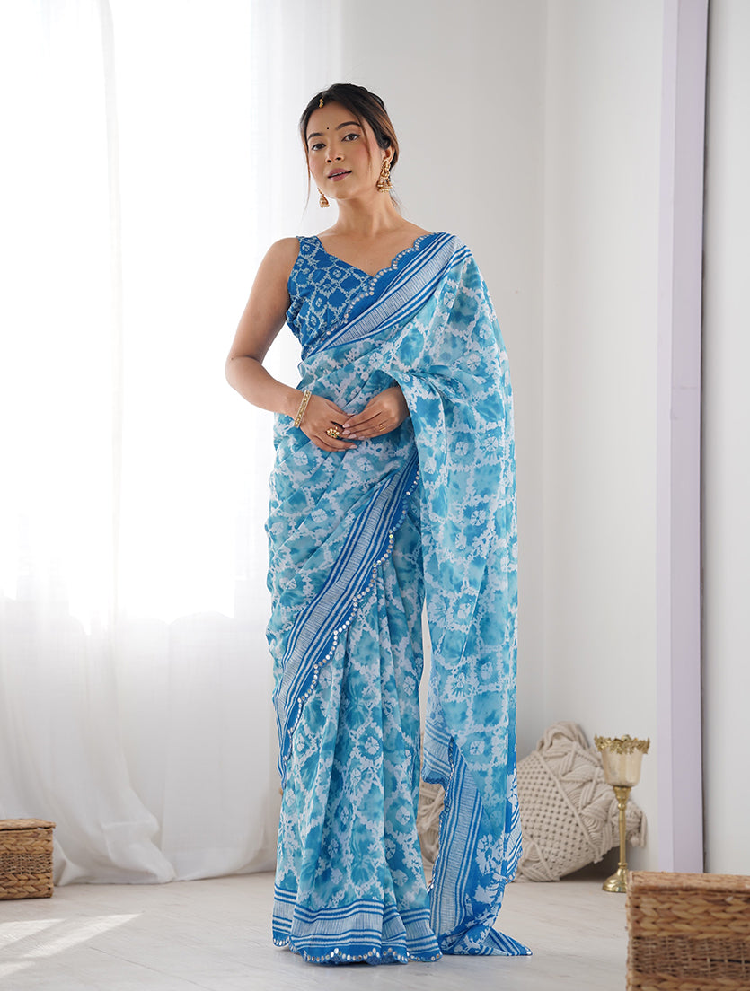 Light Blue Chinon Digital Print Mirror Cut Work Saree