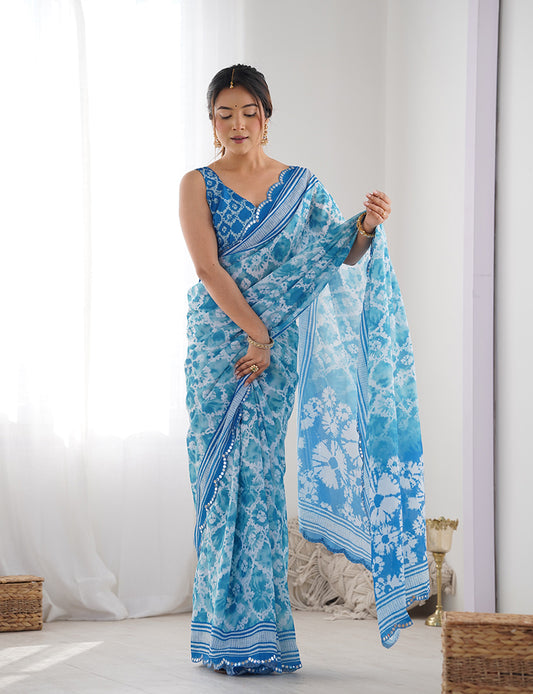 Light Blue Chinon Digital Print Mirror Cut Work Saree