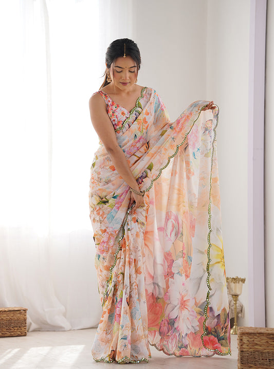 Multi Colour Chinon Digital Print Mirror Cut Work Saree