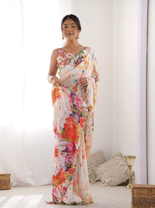 Multi Colour Chinon Digital Print Mirror Cut Work Saree