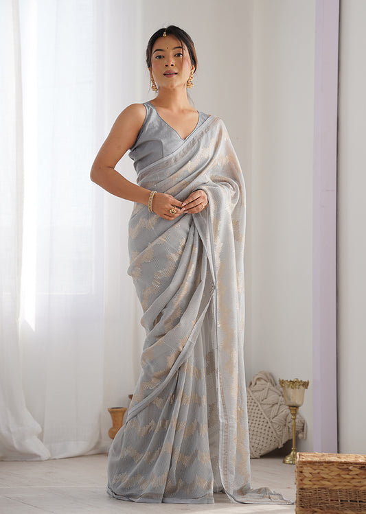 Grey Georgette Sequins Embroidered Saree