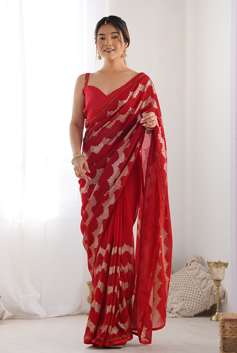 Red Georgette Sequins Embroidered Saree