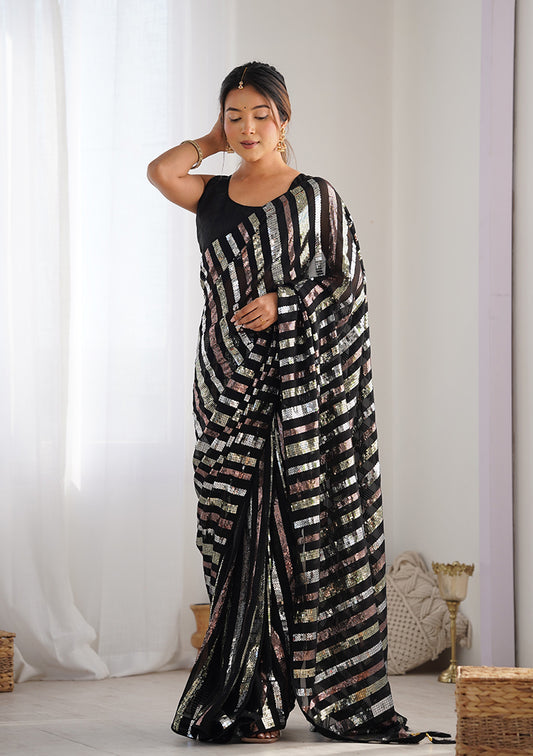 Black Georgette Sequins Embroidered Saree