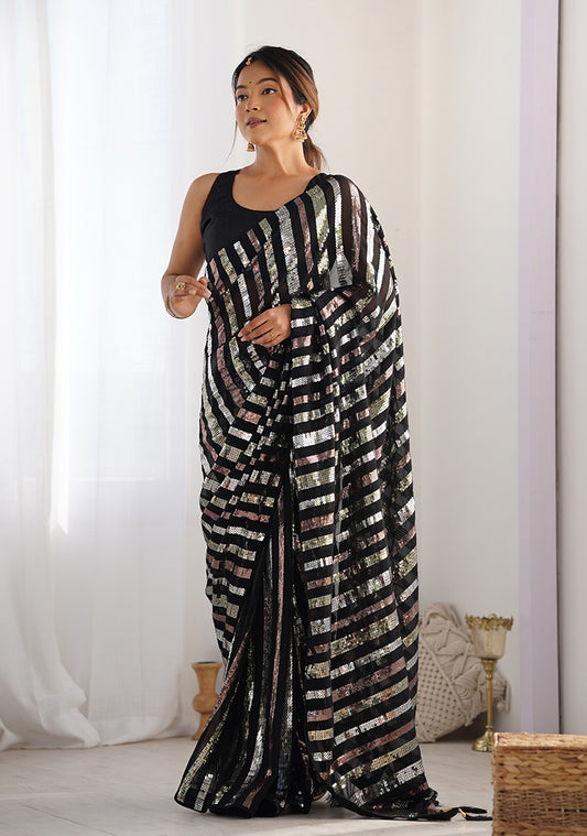 Black Georgette Sequins Embroidered Saree
