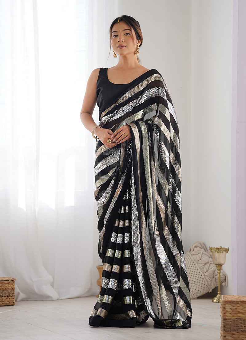 Black Georgette Sequins Embroidered Saree