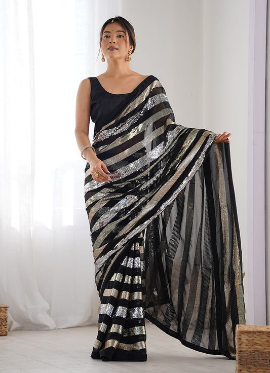 Black Georgette Sequins Embroidered Saree
