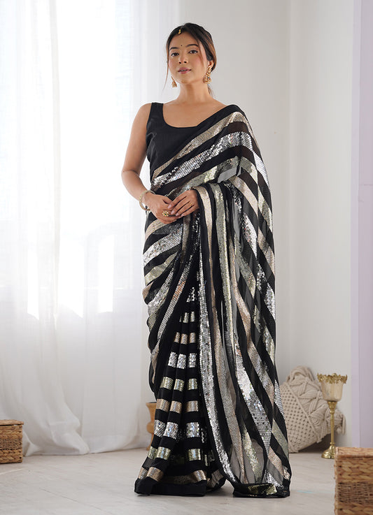 Black Georgette Sequins Embroidered Saree