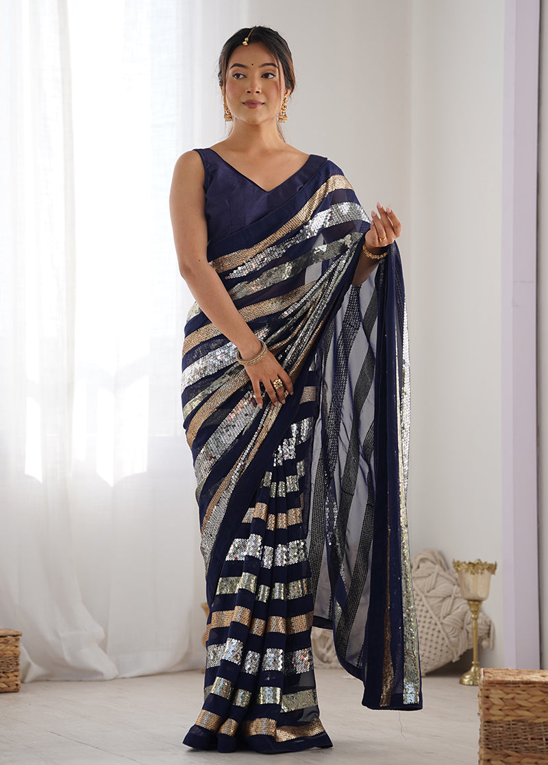 Navy Blue Georgette Sequins Embroidered Saree