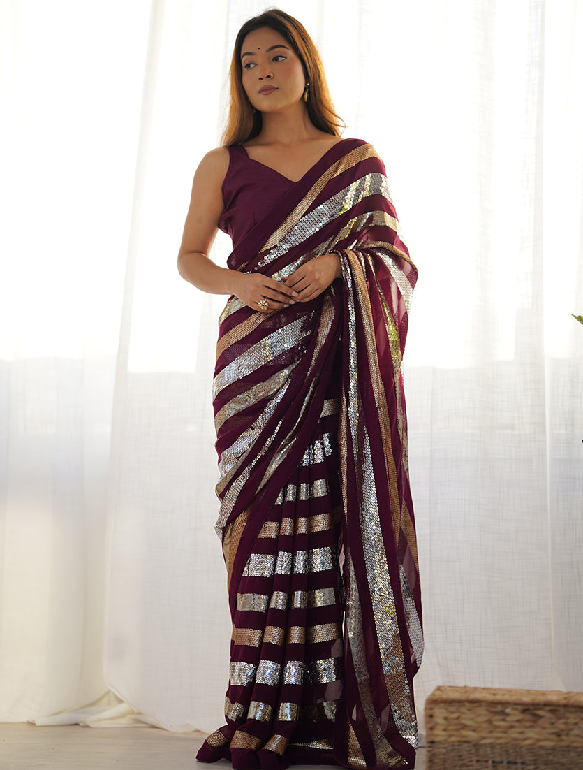 Wine Georgette Sequins Embroidered Saree