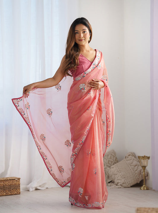 Peach Net Thread Embroidery Sequins Work Saree