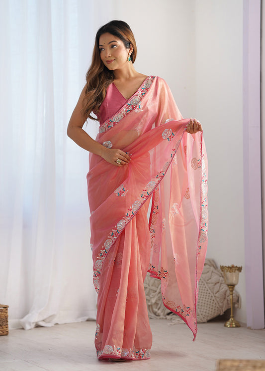 Peach Net Thread Embroidery Sequins Work Saree
