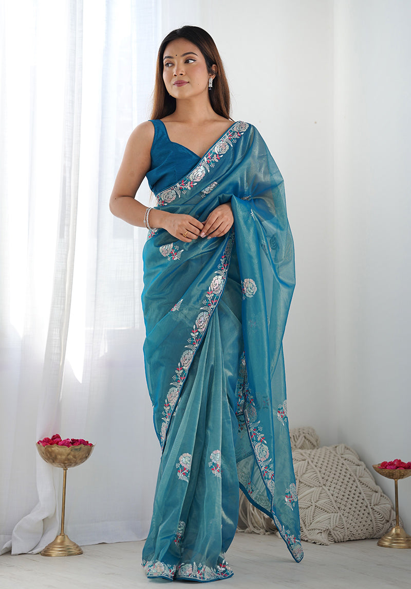 Teal Net Thread Embroidery Sequins Work Saree