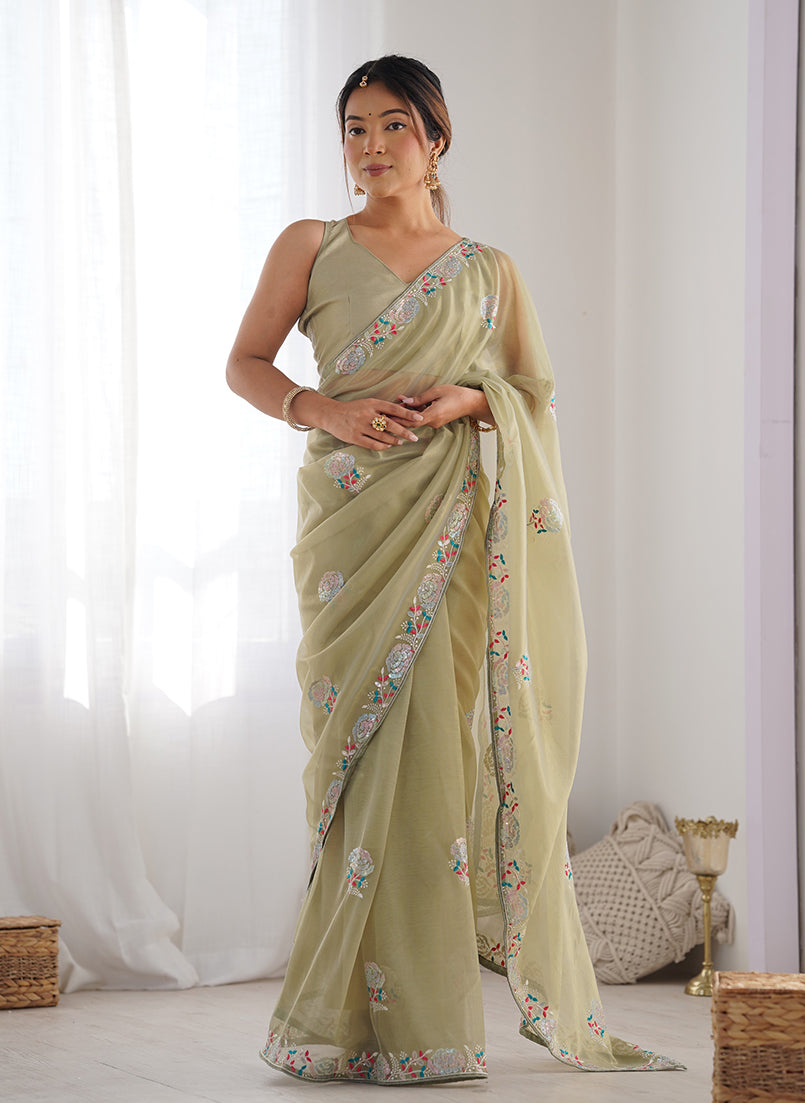 Pista Green Net Thread Embroidery Sequins Work Saree