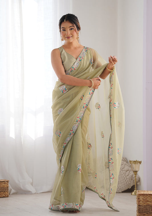 Pista Green Net Thread Embroidery Sequins Work Saree