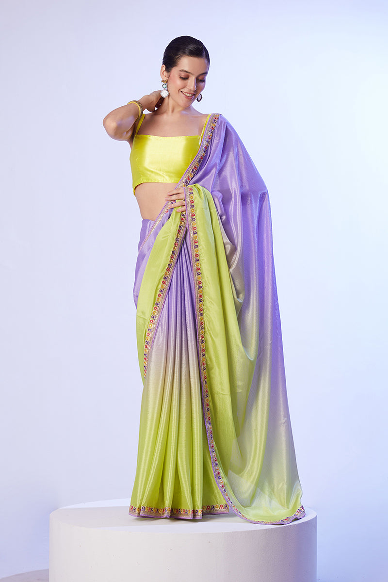 Green and Lavender Chinon Lace Work Saree