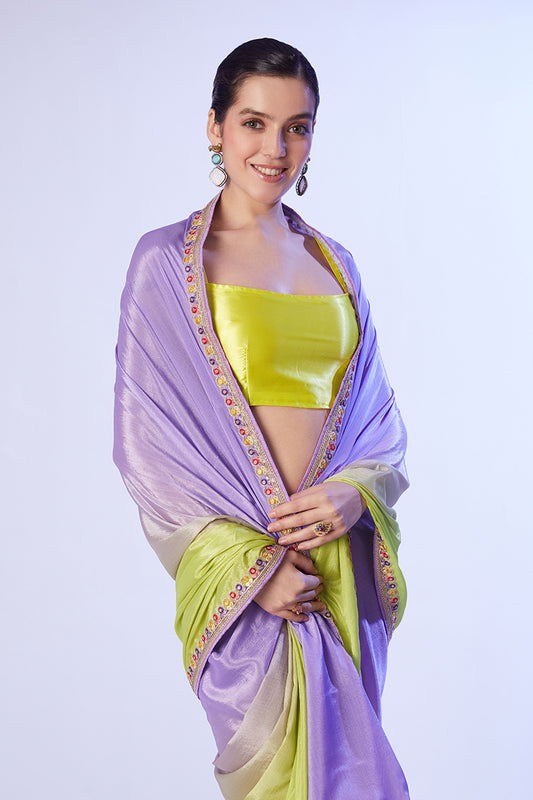Green and Lavender Chinon Lace Work Saree