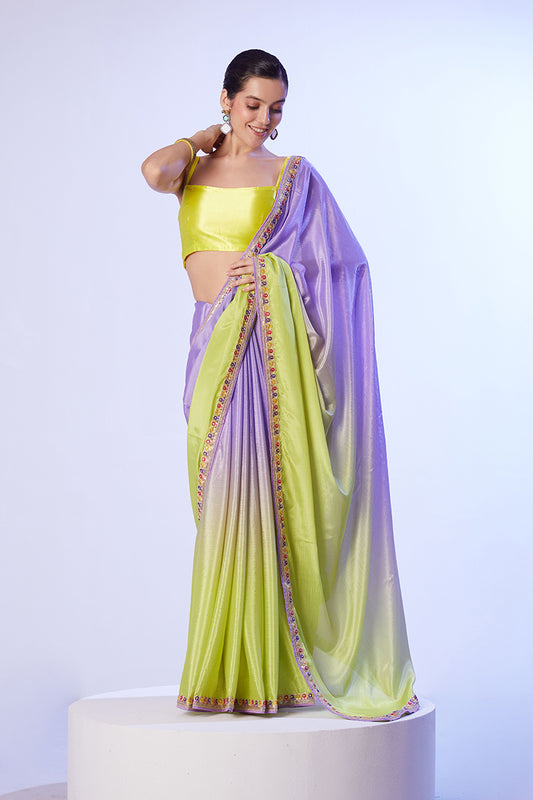Green and Lavender Chinon Lace Work Saree