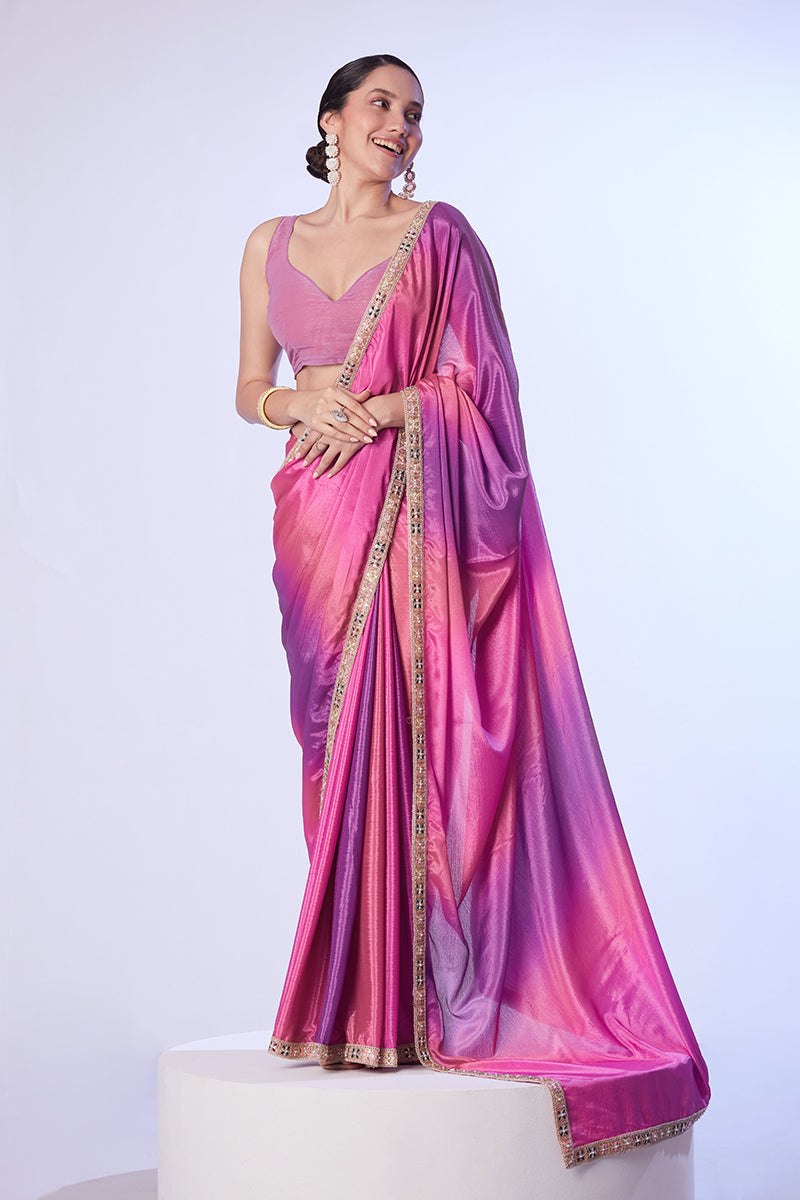 Pink and Lavender Chinon Lace Work Saree