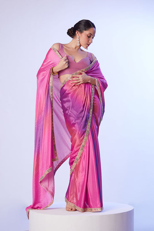 Pink and Lavender Chinon Lace Work Saree