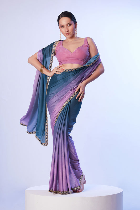 Teal and Lavender Chinon Lace Work Saree