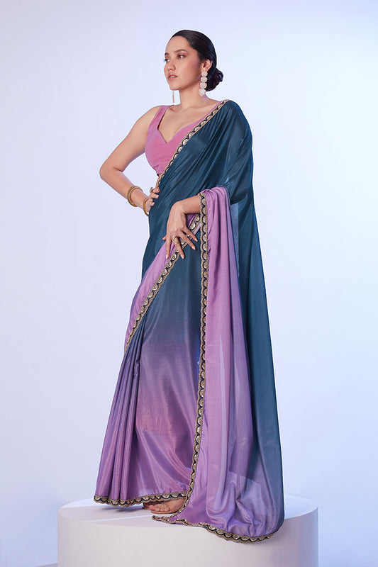 Teal and Lavender Chinon Lace Work Saree