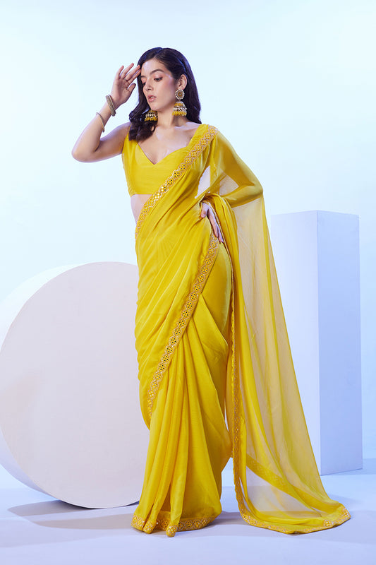 Yellow Moss Lace Work Saree