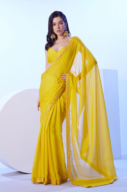 Yellow Moss Lace Work Saree
