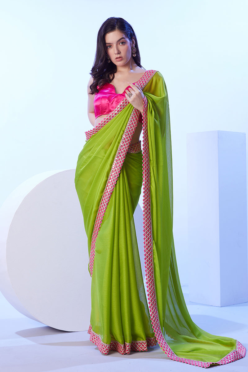 Parrot Green Moss Lace Work Saree