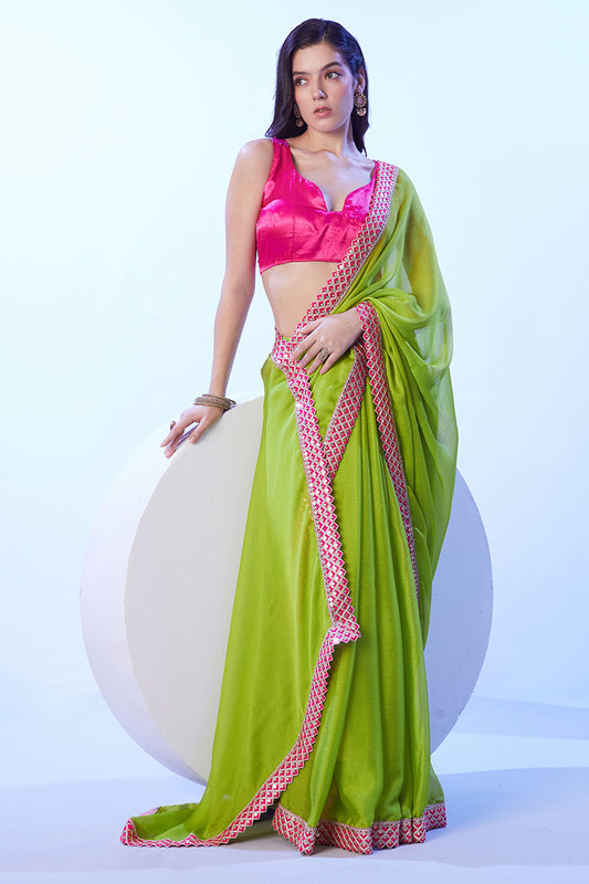 Parrot Green Moss Lace Work Saree