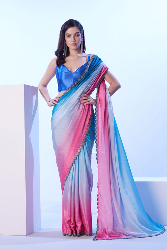 Multi Colour Chinon Digital Print Lace Wok Saree
