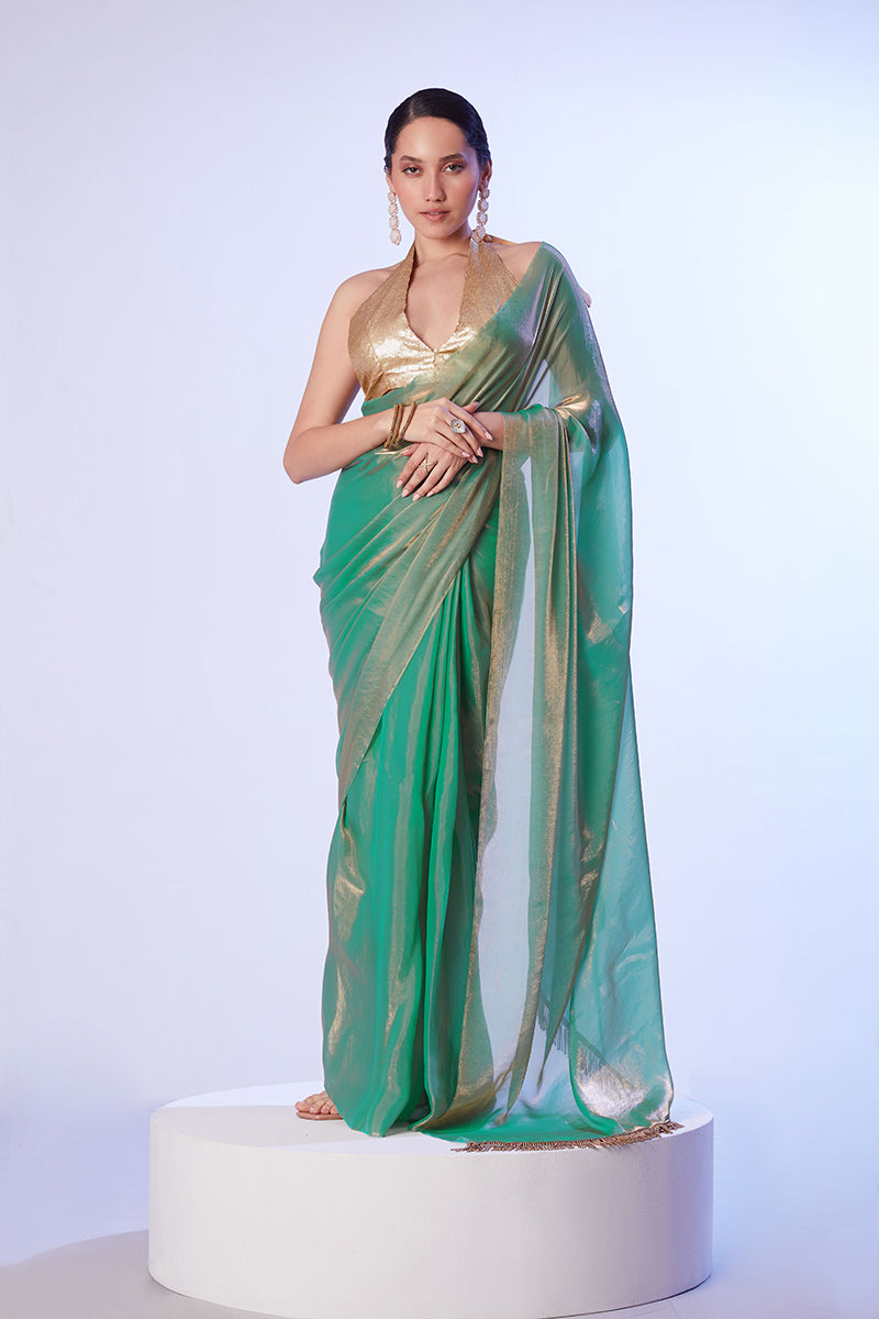 Sea Green Satin Gold Organza Saree with Lace Detailing