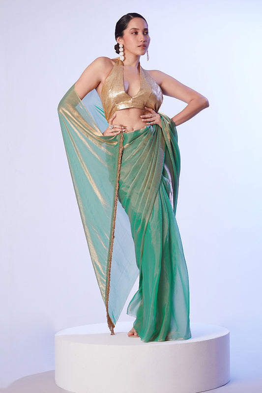 Sea Green Satin Gold Organza Saree with Lace Detailing