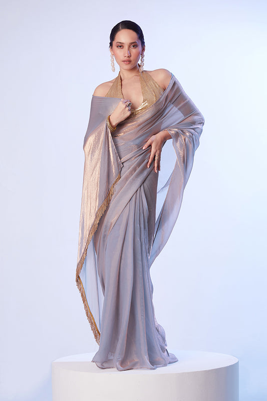 Grey Satin Gold Organza Saree with Lace Detailing