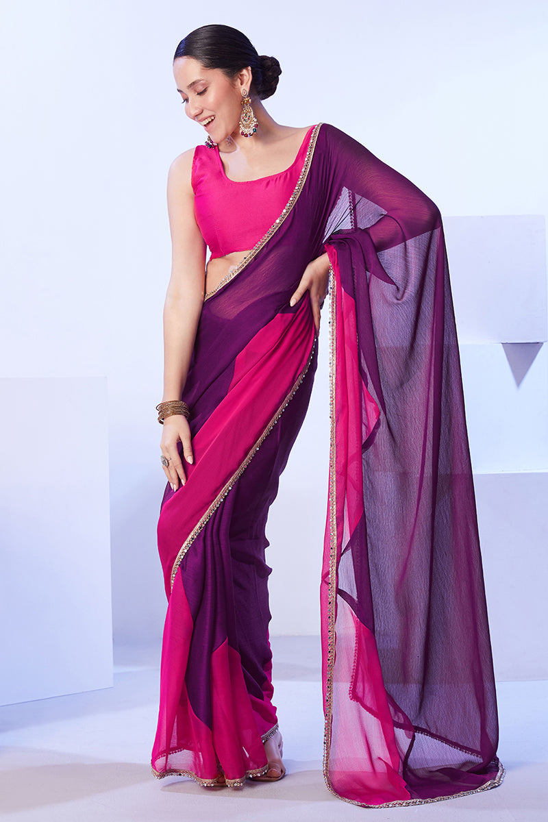 Purple & Pink Satin Moss Lace Work Saree